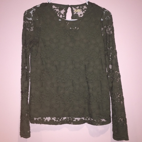 Olive Green Lace Long Sleeve Shirt 
